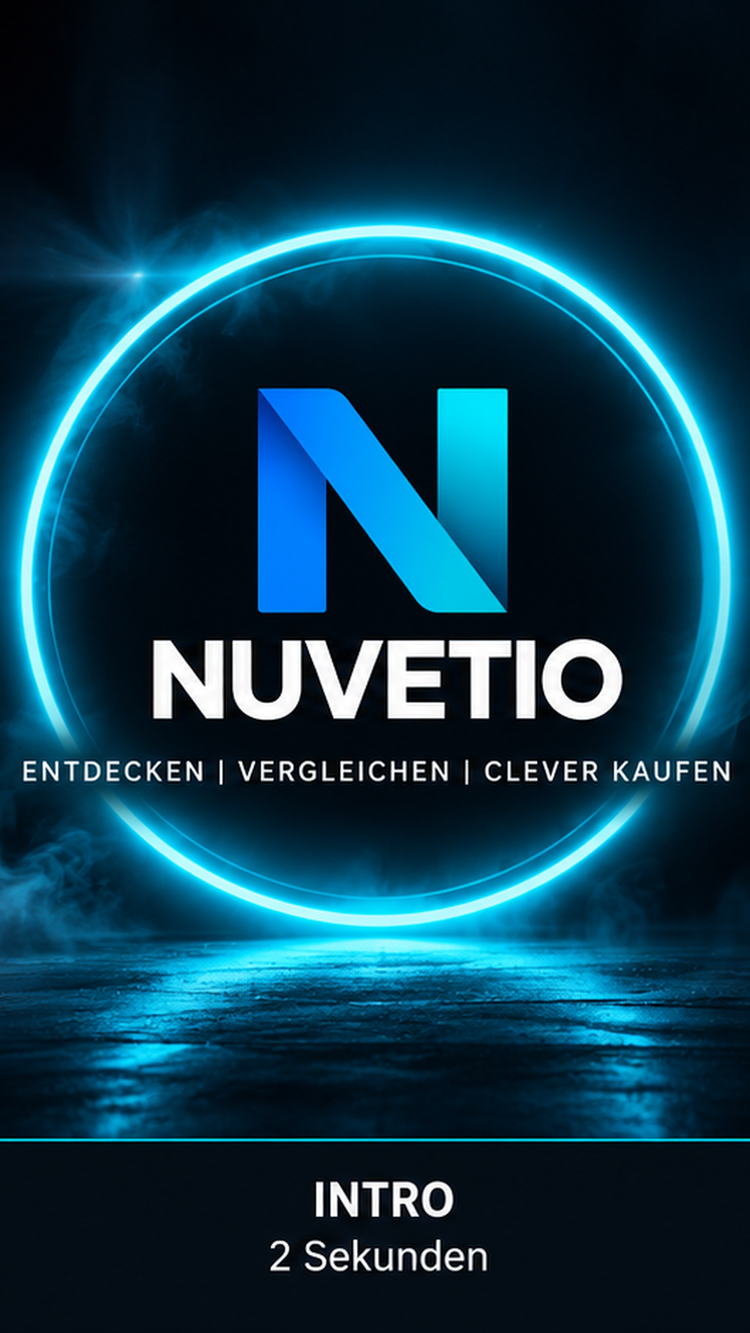 NUVETIO-Logo mit leuchtendem cyanfarbenem Ring und Slogan